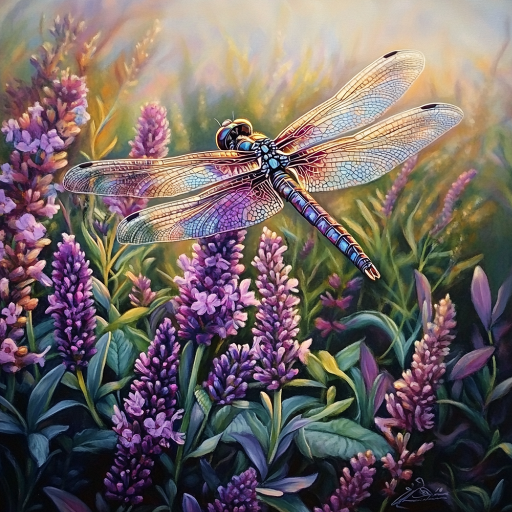 Lavender flowers with a dragonfly perched on a flower in a lush green garden.