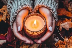 Hands gently holding a glowing candle, symbolizing carrying light, hope, and compassion forward
