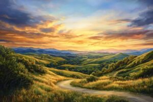 A winding path through rolling green hills beneath a glowing sunrise, symbolizing hope for what lies ahead and trust in God’s unfolding plan.