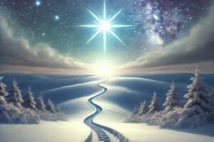 A winding snowy path leads toward a bright star in the night sky, symbolizing guidance, shared support, and hope during life’s winters.