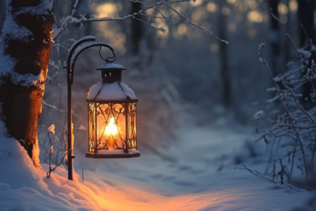 A softly glowing lantern hangs beside a snow-covered forest path at dusk, symbolizing hope and guidance during a season of darkness.
