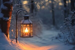 A softly glowing lantern hangs beside a snow-covered forest path at dusk, symbolizing hope and guidance during a season of darkness.