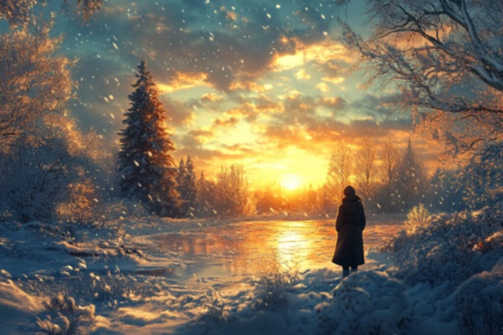 A solitary figure stands beside a frozen river at sunrise, surrounded by snow-covered trees, symbolizing hope and resilience during a winter season of loss.