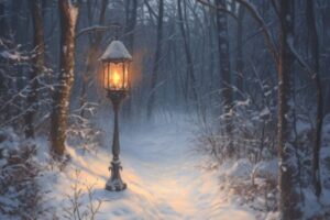A lantern glowing along a snow-covered forest path, symbolizing guidance and wisdom in times of darkness.