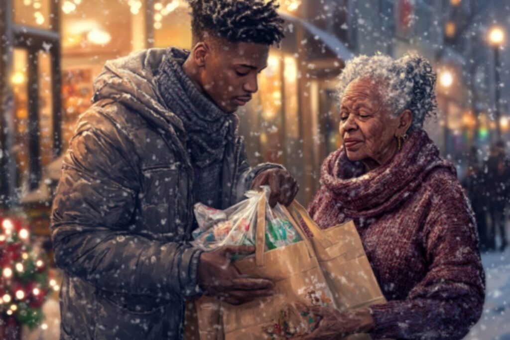 A young man offers grocery bags to an elderly woman on a snowy street, capturing a moment of compassion, care, and everyday kindness.