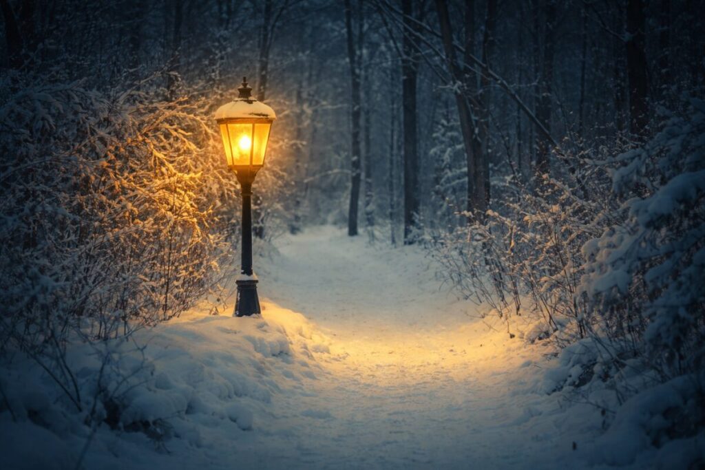 A glowing lantern illuminates a snow-covered forest path at dusk, symbolizing quiet hope and resilience during the winter season.