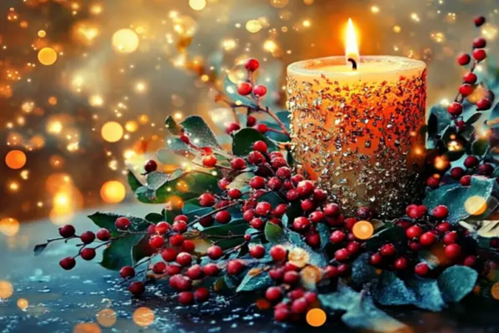 A glowing Christmas candle surrounded by winter greenery and red berries, symbolizing the miracle of Christ’s light and enduring hope.