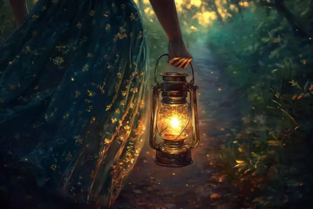 A person walking through a forest path holding a glowing lantern, symbolizing carrying the light of Christ through kindness, love, and faithful presence.