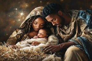 Mary and Joseph gently holding the infant Jesus in a manger, symbolizing the gift of hope and love brought into the world at Christmas.