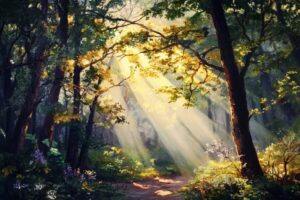 Sunlight breaking through a forest path, symbolizing hope rising through darkness during Advent.