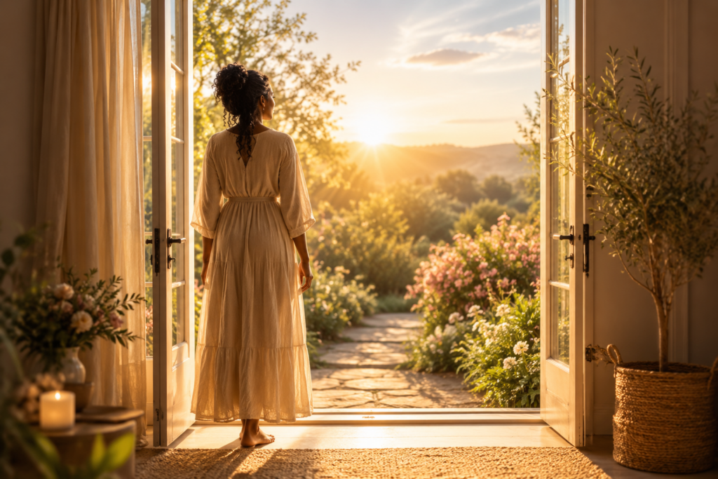 Black woman standing barefoot in an open doorway at sunrise, looking out toward a peaceful garden path filled with warm golden light, symbolizing renewal, grace, healing, and gentle new beginnings.