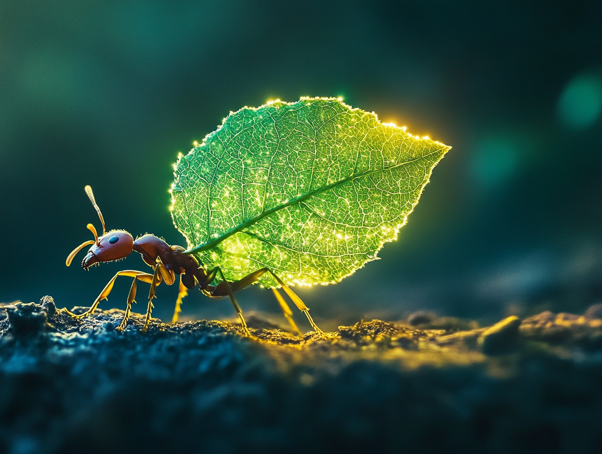 An ant carrying a large leaf under a soft glow, symbolizing perseverance and diligence.