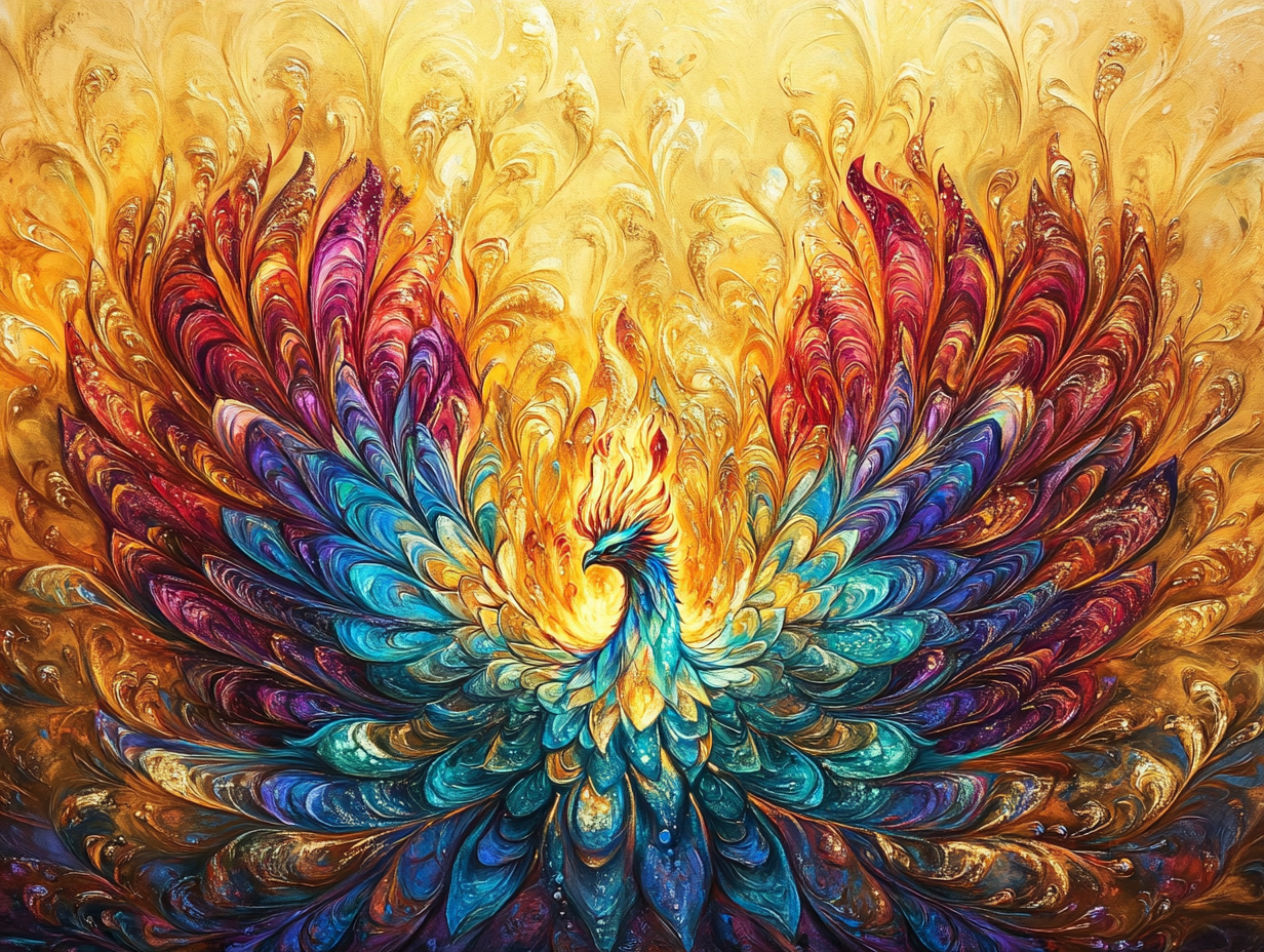 A phoenix rising from ashes under a golden sky, symbolizing growth and transformation.