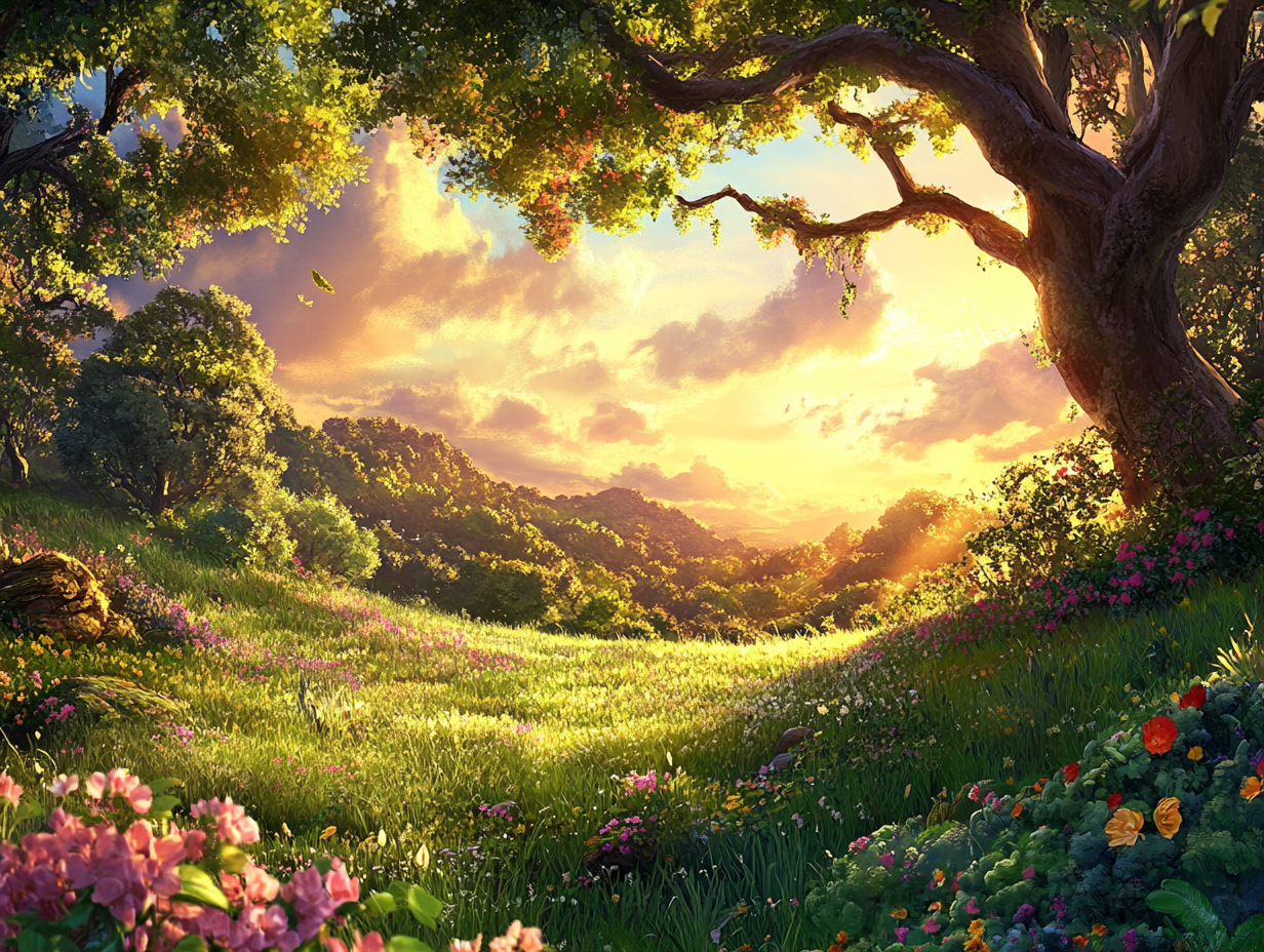A radiant sunrise over a peaceful meadow, symbolizing God’s grace illuminating and sustaining our journey of transformation.