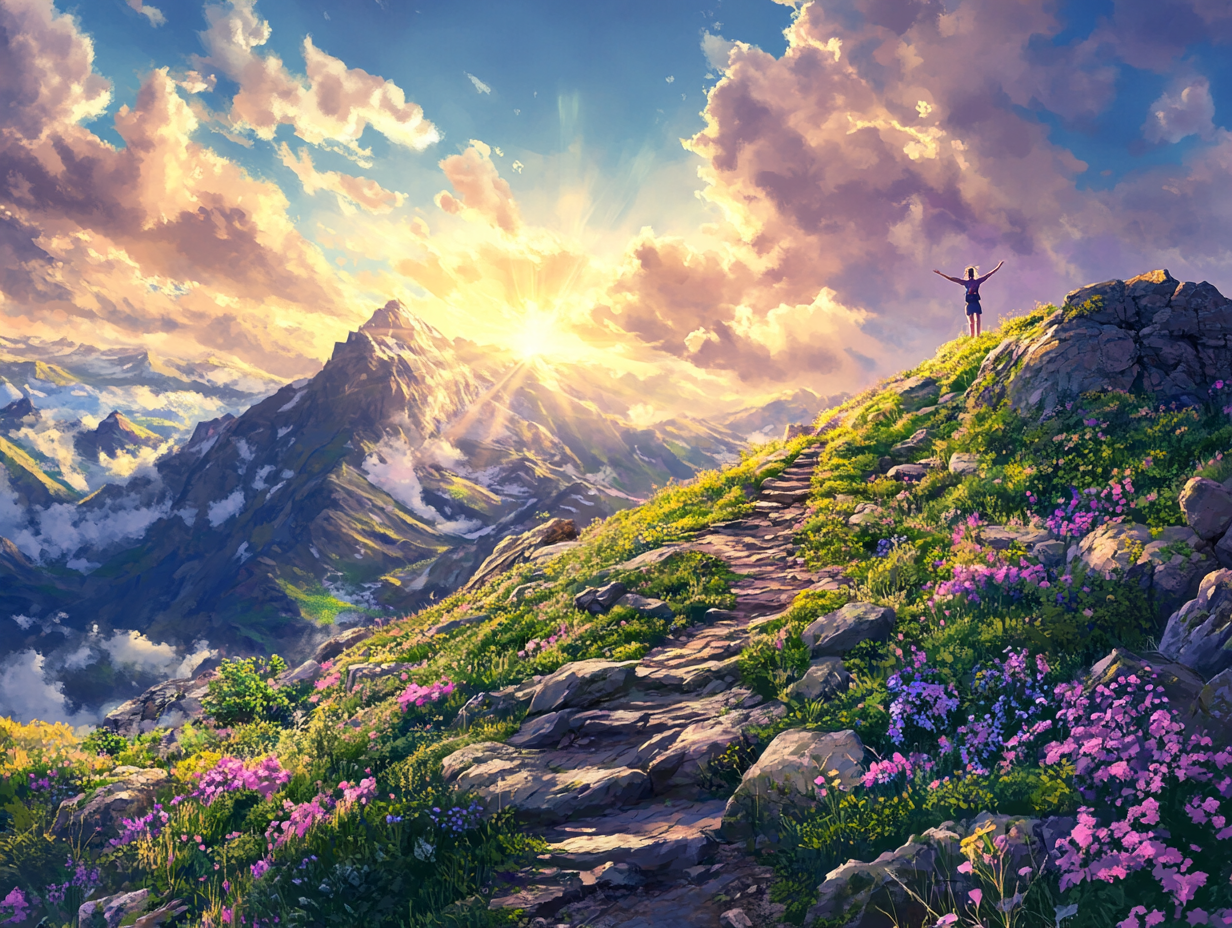 A person on a mountain trail with arms outstretched toward the sky, symbolizing joy and gratitude for small wins and progress.