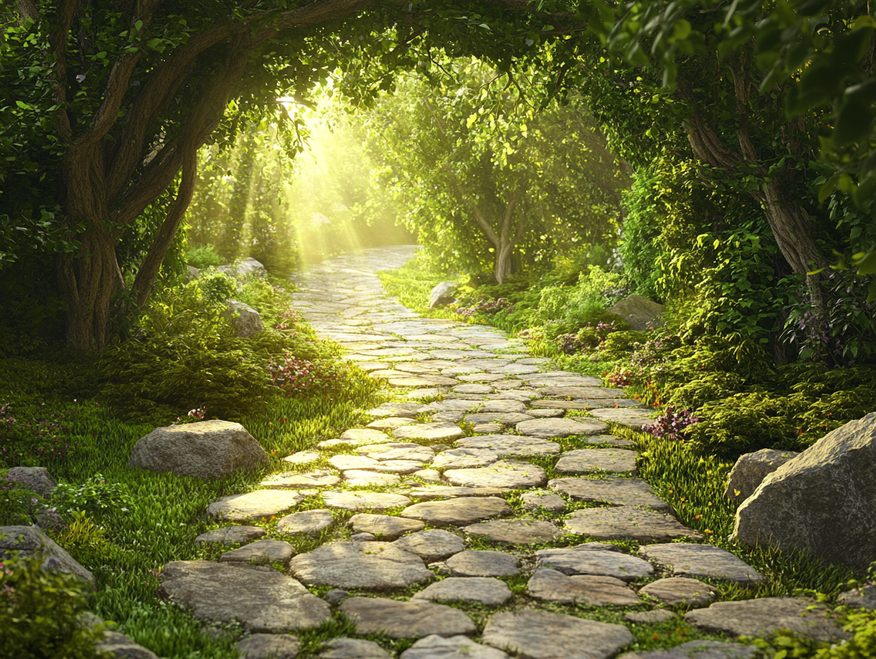 A forest path with obstacles and sunlight breaking through, symbolizing clarity and wisdom.