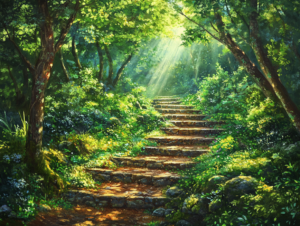 A forest path with a wooden staircase winding up a hillside, surrounded by vibrant green trees and sunlight streaming through the canopy, symbolizing progress and the journey of taking small, intentional steps.