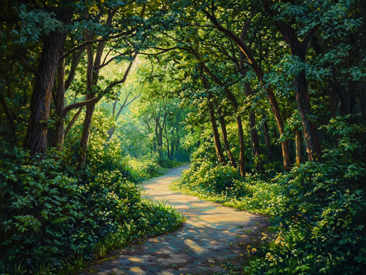 A winding path through a lush green forest, illuminated by sunlight, symbolizing faith and trust in God’s guidance.