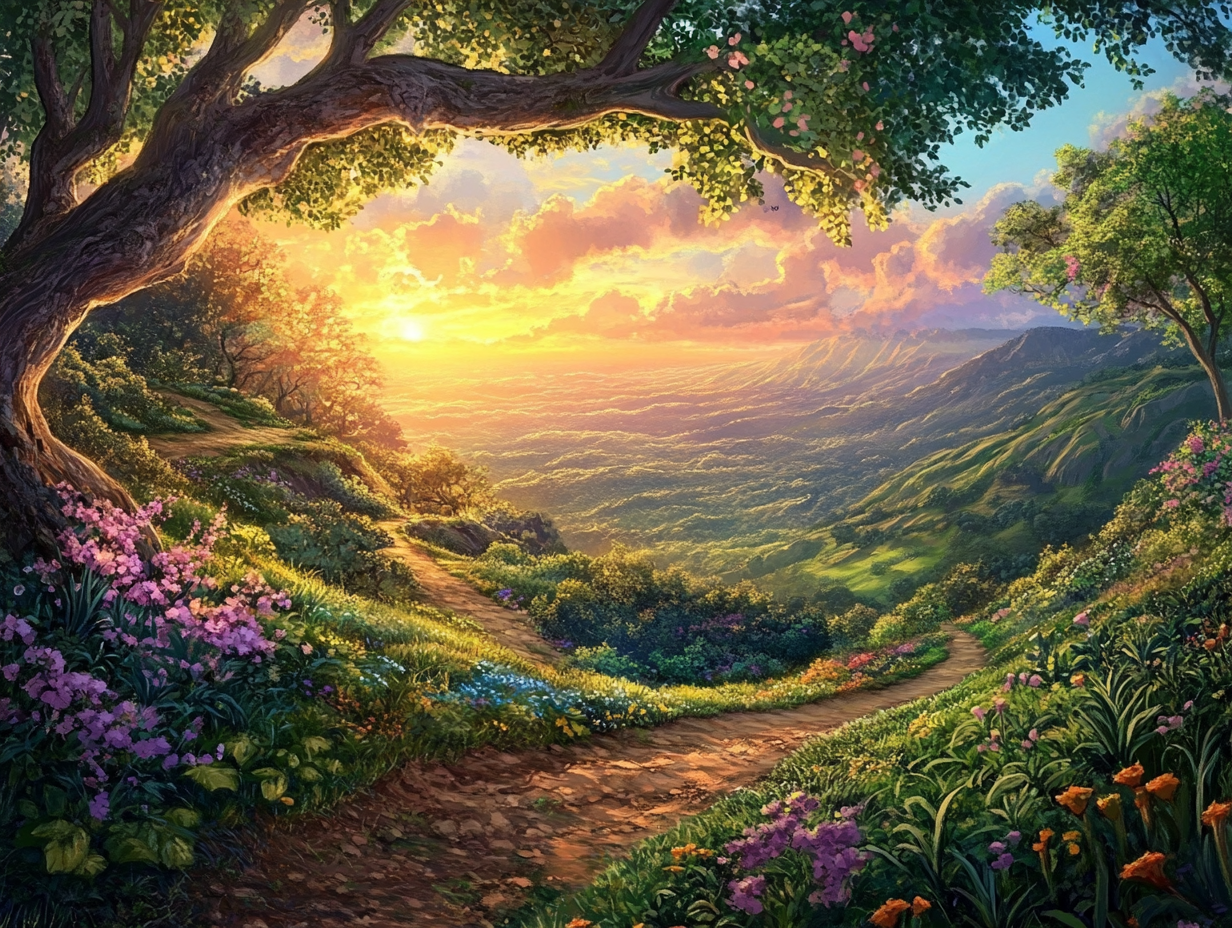 A sunrise over a valley with a winding path and blooming flowers, symbolizing transformation and growth.