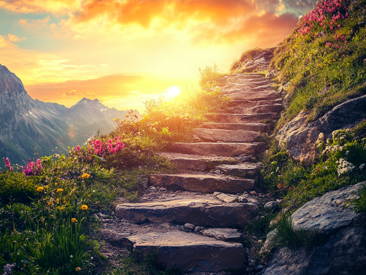A staircase carved into a rugged mountainside, illuminated by golden light, symbolizing progress and the journey upward.
