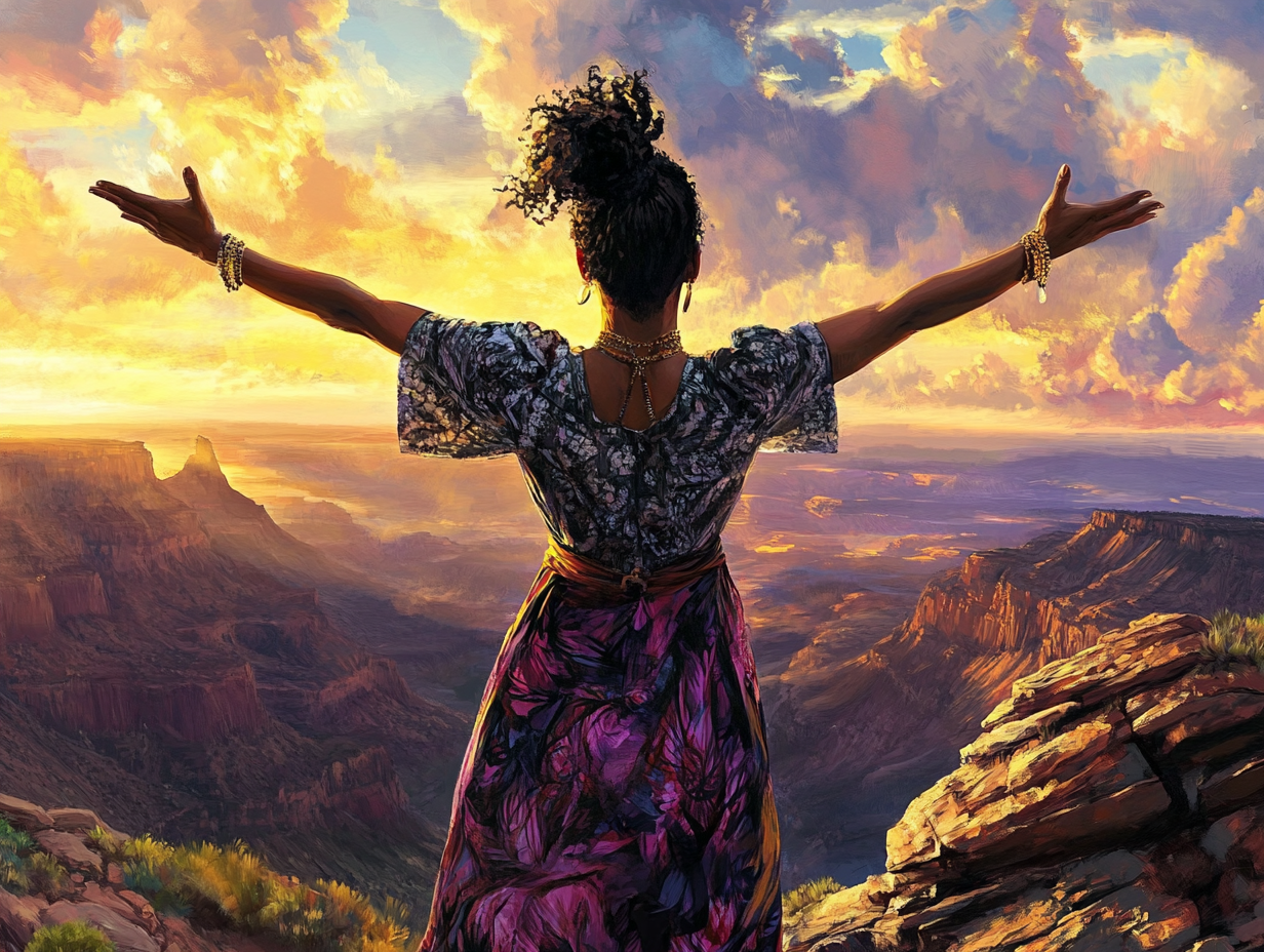 A person standing at a cliff’s edge at sunrise, arms open, symbolizing surrender and trust in God’s plan.
