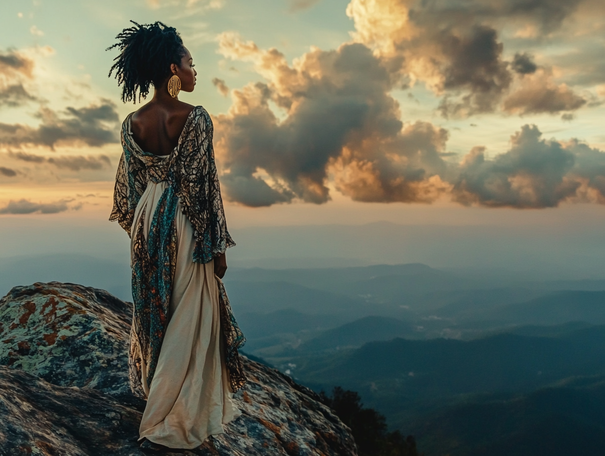 A woman on a mountain peak, looking at a radiant sunrise over a vast horizon, symbolizing clarity and future vision.