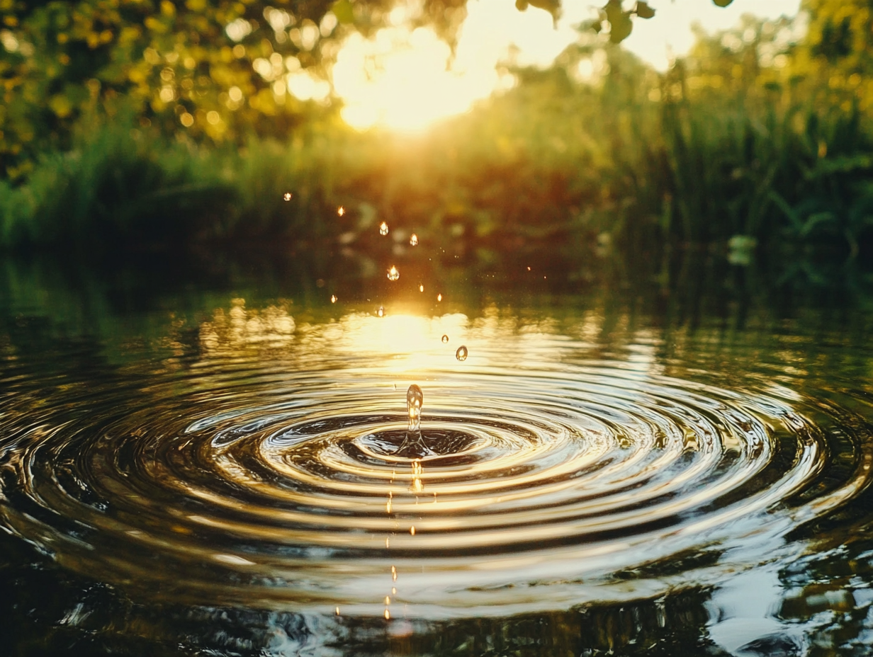 A serene lake with a single droplet creating ripples, symbolizing how small, consistent actions lead to meaningful change.