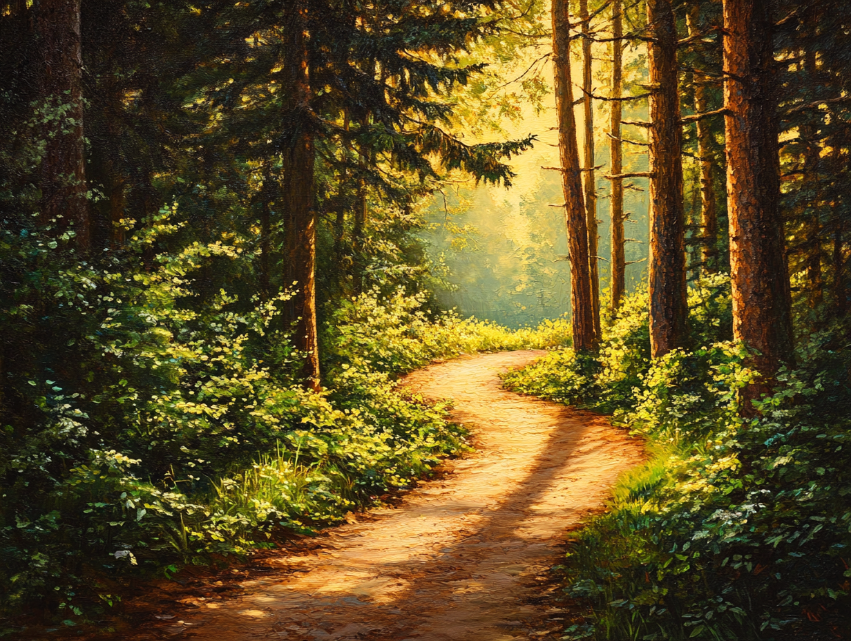 A sunlit forest path winding through tall trees, bathed in golden light, symbolizing joy and progress in life’s journey.