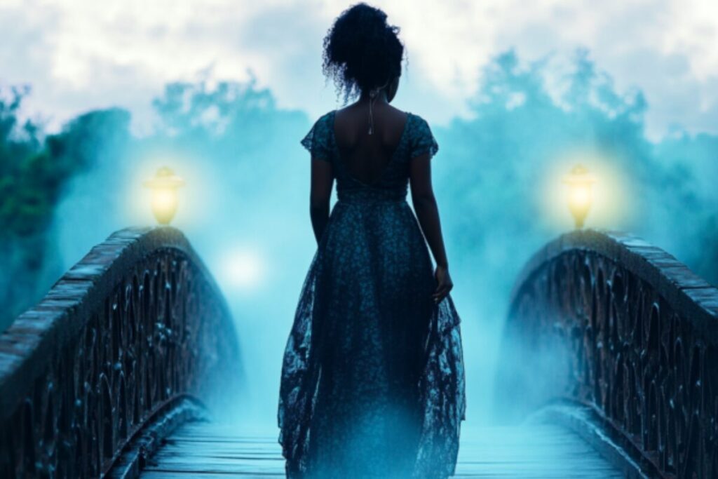A woman walking across a mist-covered bridge toward soft light, symbolizing faith, trust, and moving forward without seeing the full path.