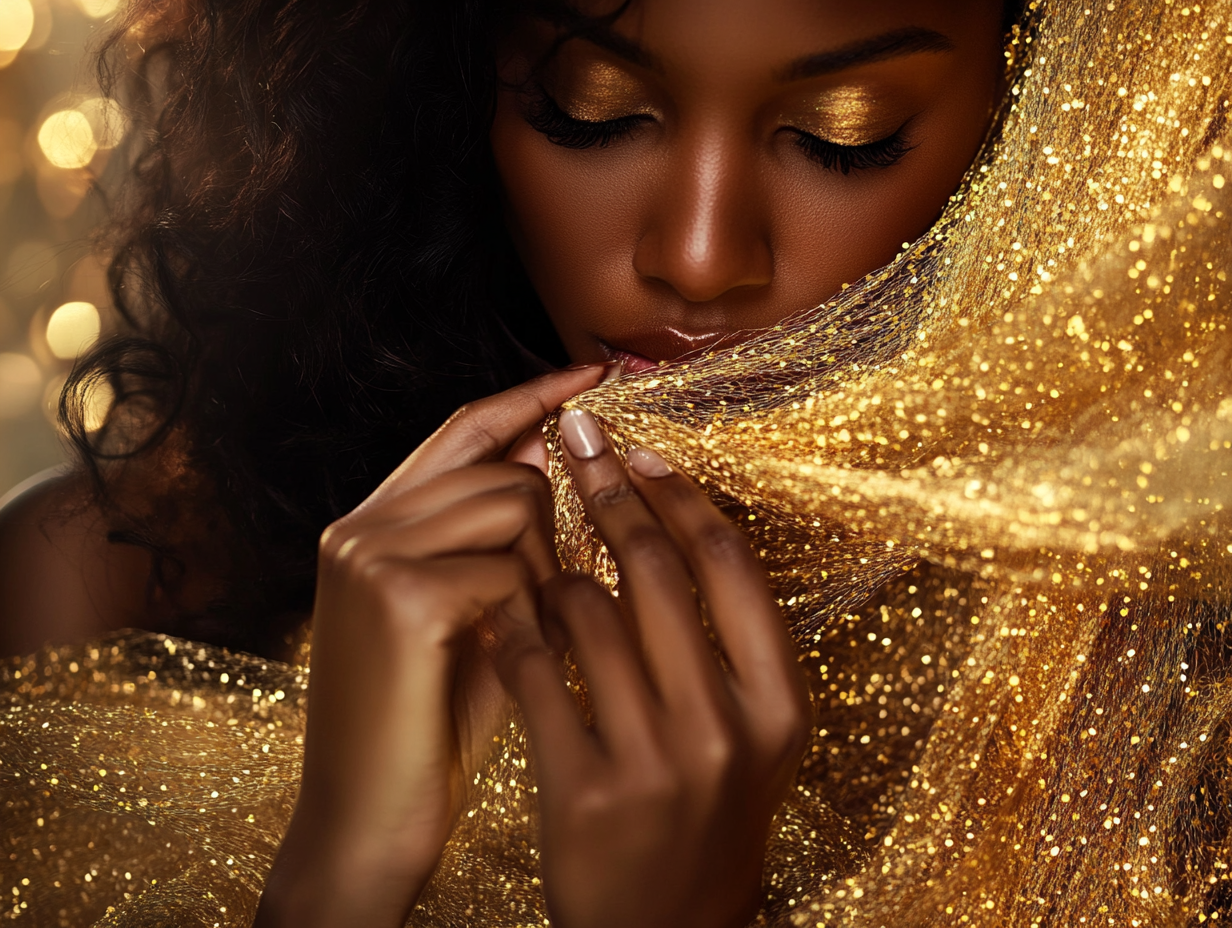 Woman wrapped in golden light symbolizing emotional release, truth, healing, and the process of letting go