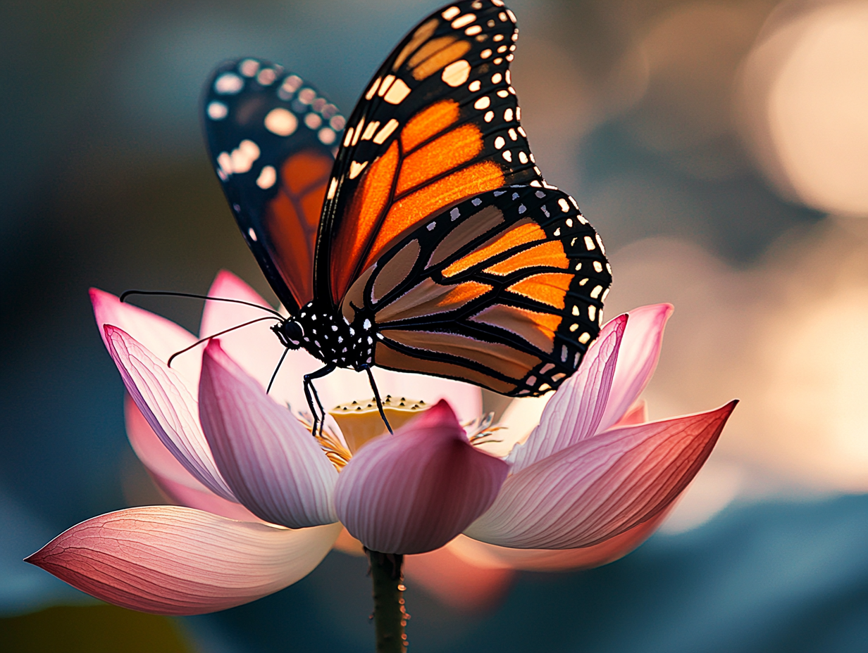A monarch butterfly rests gently on a blooming lotus, symbolizing transformation and sacred stillness.