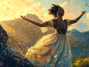 A woman standing at the edge of a sunrise-lit mountaintop, arms open, as if embracing her purpose, filled with confidence and divine guidance.