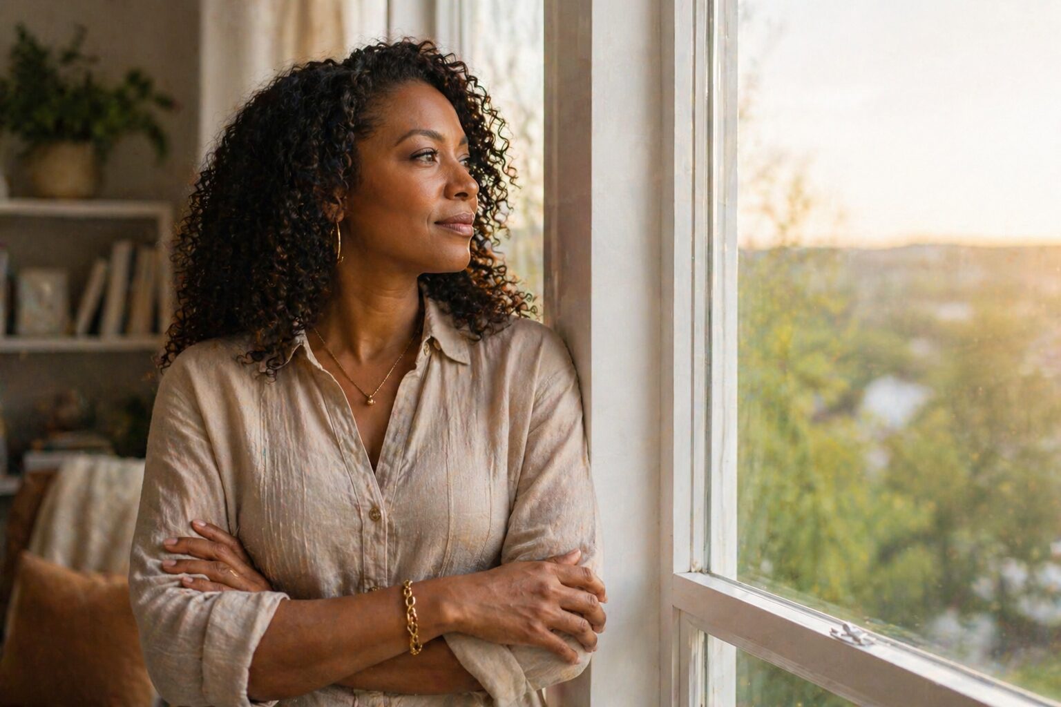 Woman standing by a window in soft natural light, looking outward with a calm and reflective expression, symbolizing clarity, purpose, and trust in her path
