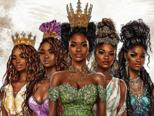 A group of women standing tall, wearing crowns, celebrating one another’s greatness.