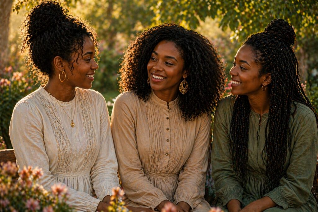 Three women sitting together in a garden, smiling and connecting in warm natural light, symbolizing sisterhood, confidence, and support