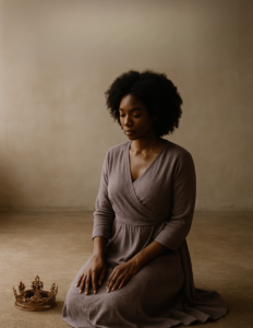 A woman kneeling in stillness, crown beside her on the floor