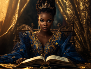 A wise Black woman in a flowing blue and gold robe, seated at a wooden table with an open book, bathed in warm golden light, symbolizing divine wisdom and leadership.