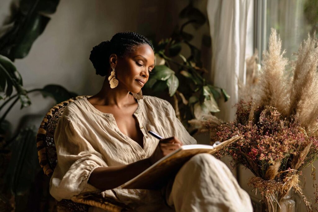 Woman sitting with a journal in soft natural light, reflecting thoughtfully, symbolizing wisdom, discernment, and intentional leadership