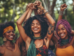 A group of women standing strong together, lifting one another up in encouragement and unity.
