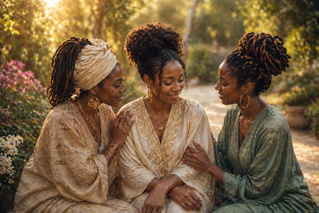 Three women in a sunlit garden gently supporting one another, symbolizing connection, encouragement, and sisterhood
