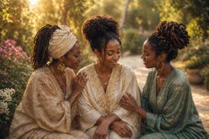 Three women in a sunlit garden gently supporting one another, symbolizing connection, encouragement, and sisterhood