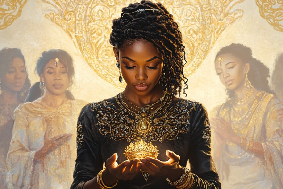 Woman holding a glowing crown in her hands with ancestral figures behind her, symbolizing legacy, inheritance, and spiritual lineage