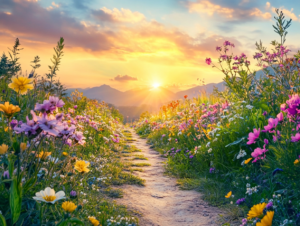 A sunlit path bordered by wildflowers leading toward a bright sunrise, symbolizing clarity, renewal, and the journey back to oneself.