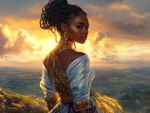 A woman standing at the top of a hill, looking out over a vast horizon, with a golden light shining behind her, symbolizing the legacy she is building.