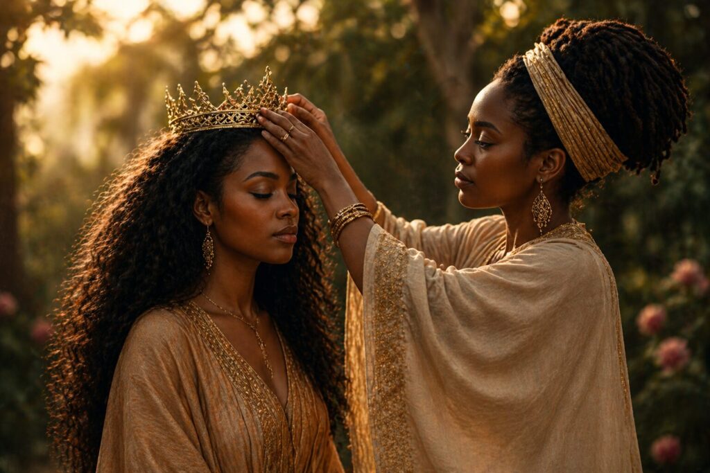 One woman gently placing a crown on another woman’s head in a sunlit garden, symbolizing legacy, empowerment, and shared strength