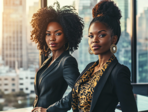 Two women standing in strength and unity, representing the power of sisterhood.