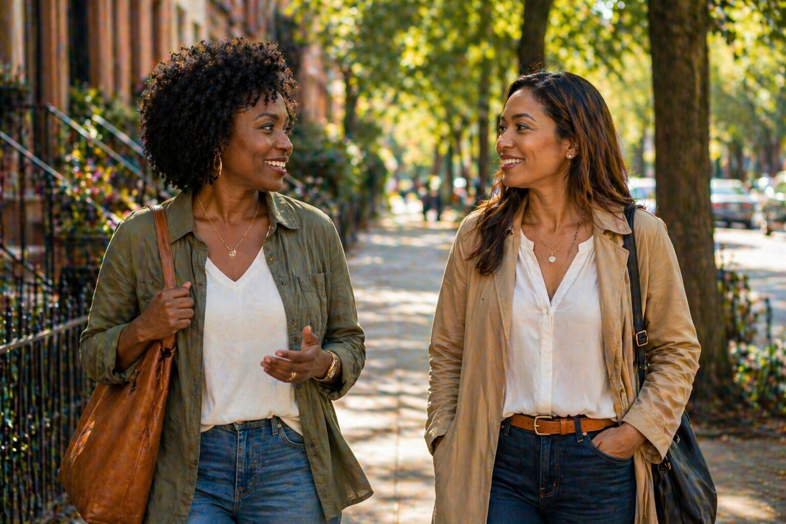 Two women walking together along a peaceful path, symbolizing partnership, support, and shared strength