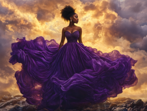 A strong Black woman in a flowing purple gown standing tall against a stormy sky, illuminated by golden light, symbolizing resilience and divine strength.
