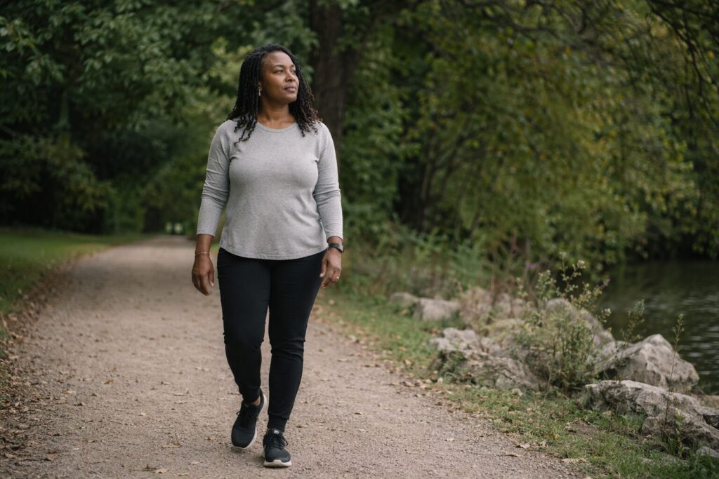 Woman walking steadily along a quiet path in nature, symbolizing resilience, endurance, and moving forward through life’s challenges