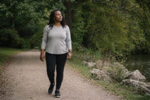 Woman walking steadily along a quiet path in nature, symbolizing resilience, endurance, and moving forward through life’s challenges